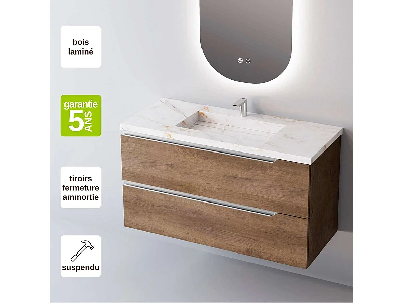 Meuble Salle de Bain DUO (61 cm x H54 x P45 cm), Plan Vasque Grès Cérame BS, 2 Tiroirs, Chêne Foncé