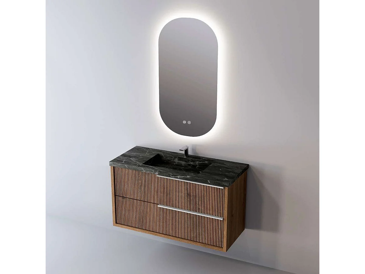 Meuble Salle de Bain TREND (81 cm x H54 x P45 cm), Plan Vasque Grès Cérame NA, 2 Tiroirs Impression 3D Poignée Inox Satiné, Chêne Foncé