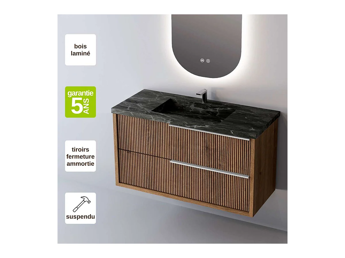 Meuble Salle de Bain TREND (81 cm x H54 x P45 cm), Plan Vasque Grès Cérame NA, 2 Tiroirs Impression 3D Poignée Inox Satiné, Chêne Foncé
