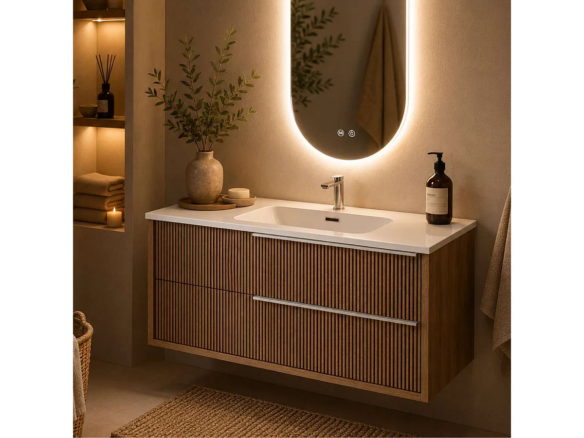 Meuble Salle de Bain TREND 80cm, Plan Vasque Grès Cérame, 2 Tiroirs Impression 3D Poignée Inox Satiné, Finition Chêne Foncé, H 54cm x P 45cm