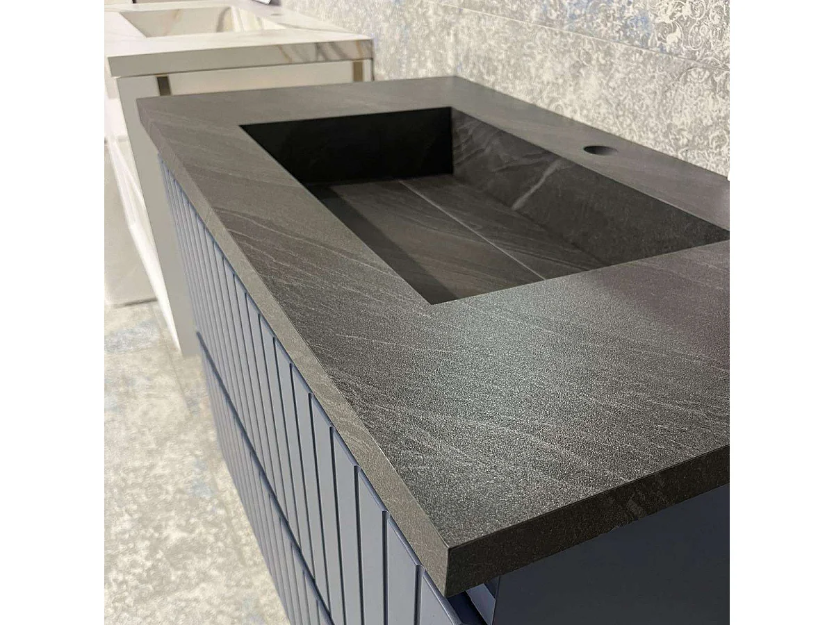 Meuble Salle de Bain TREND 80cm, Plan Vasque Grès Cérame, 2 Tiroirs Impression 3D Poignée Inox Satiné, Finition Chêne Foncé, H 54cm x P 45cm