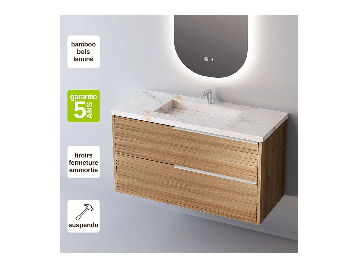 Meuble Salle de Bain BAMBOO (61 cm x H54 x P45 cm), Plan Vasque Grès Cérame BS, 2 Tiroirs Poignée Inox Satiné, Chêne Naturel