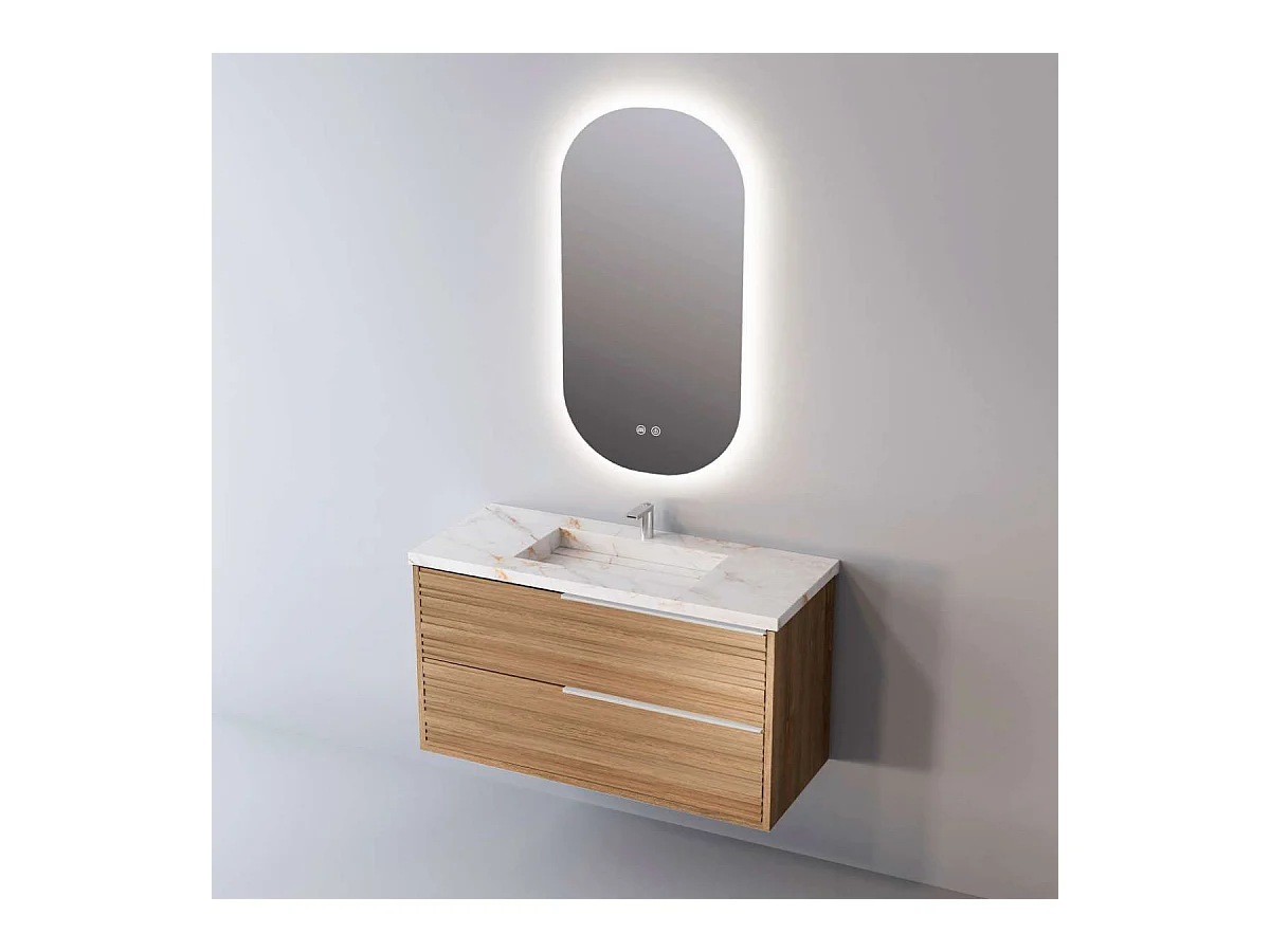 Meuble Salle de Bain BAMBOO (61 cm x H54 x P45 cm), Plan Vasque Grès Cérame BS, 2 Tiroirs Poignée Inox Satiné, Chêne Naturel