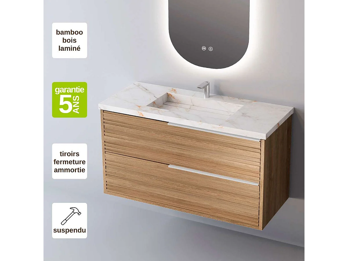 Meuble Salle de Bain BAMBOO (61 cm x H54 x P45 cm), Plan Vasque Grès Cérame BS, 2 Tiroirs Poignée Inox Satiné, Chêne Naturel