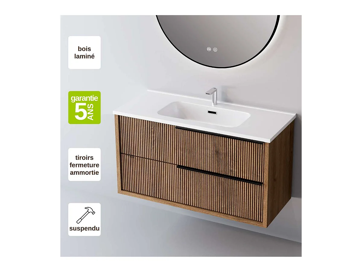 Meuble Salle de Bain TREND (101 cm x H54 x P45 cm), Plan Vasque Céramique WB, 2 Tiroirs Impression 3D Poignée Noir, Chêne Foncé