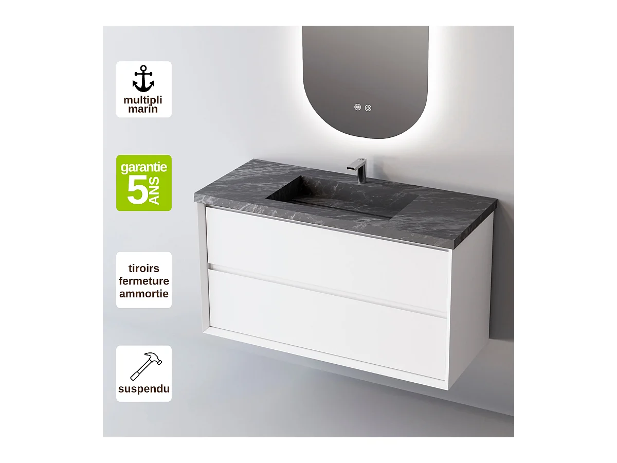 Meuble Salle de Bain COOL  (81 cm x H54 x P45 cm), Plan Vasque Grès Cérame NA, 2 Tiroirs, Laqué Blanc Mat/Noyer