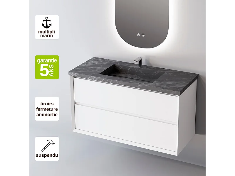 Meuble Salle de Bain COOL  (81 cm x H54 x P45 cm), Plan Vasque Grès Cérame NA, 2 Tiroirs, Laqué Blanc Mat/Noyer