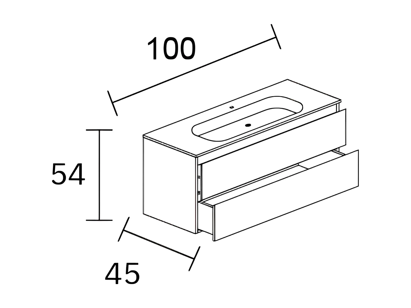 Meuble Salle de Bain ANCONA (101 cm x H54 x P45 cm), Plan Vasque Solide Surface, 2 Tiroirs, Chêne Naturel
