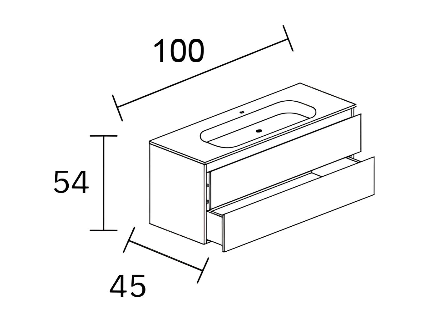Meuble salle de bain ANCONA 100cm – Plan vasque Solid surface, 2 tiroirs, finition Finition Chêne Naturel, H 54cm x P 45cm