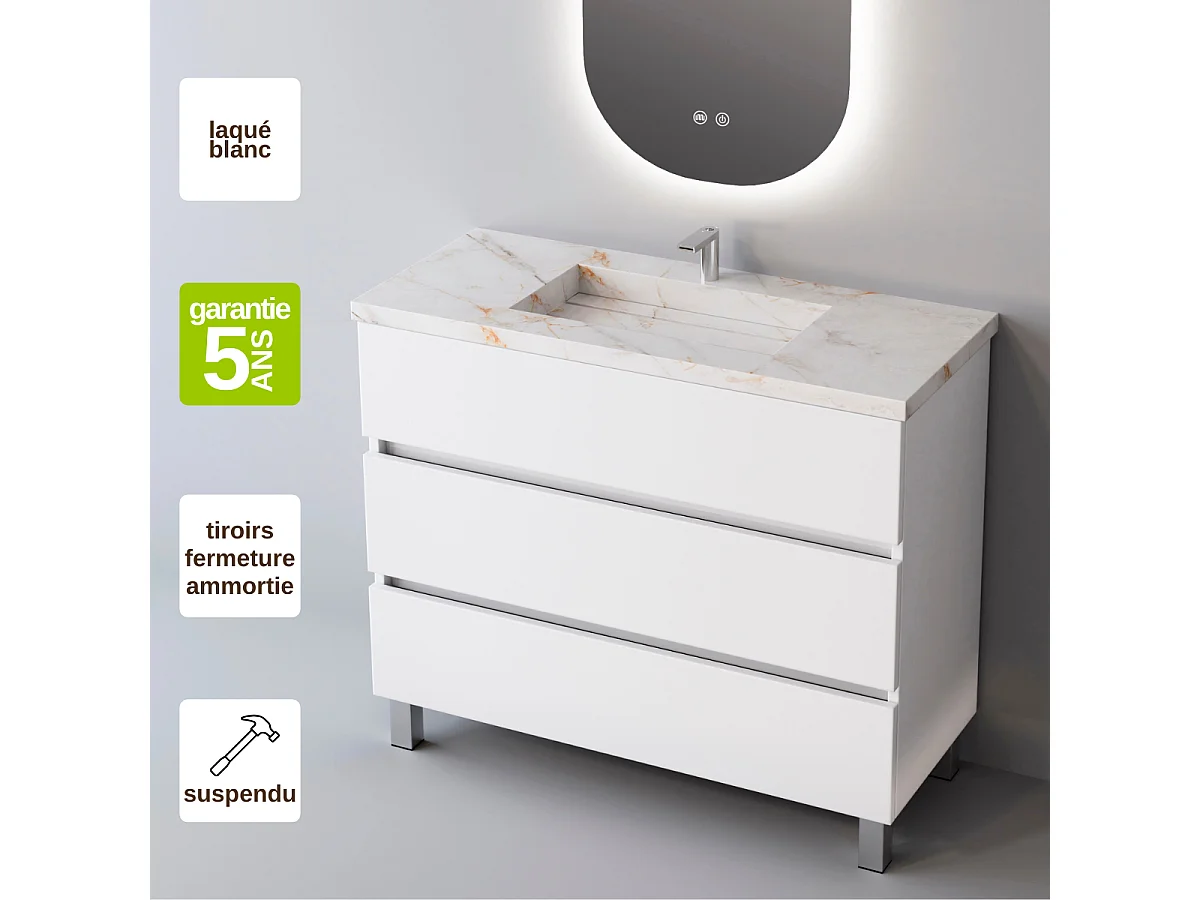 Meuble Salle de Bain ATRANI (101 cm x H90 x P45 cm), Plan Vasque Grès Cérame BS, 3 Tiroirs, Blanc Brillant
