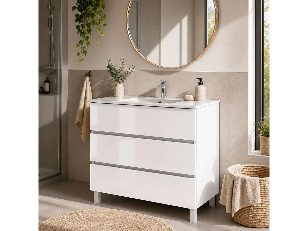 Meuble salle de bain ATRANI 100cm – Plan vasque grès cérame, 3 tiroirs, finition Blanc Brillant, H 90 cm x P 45cm