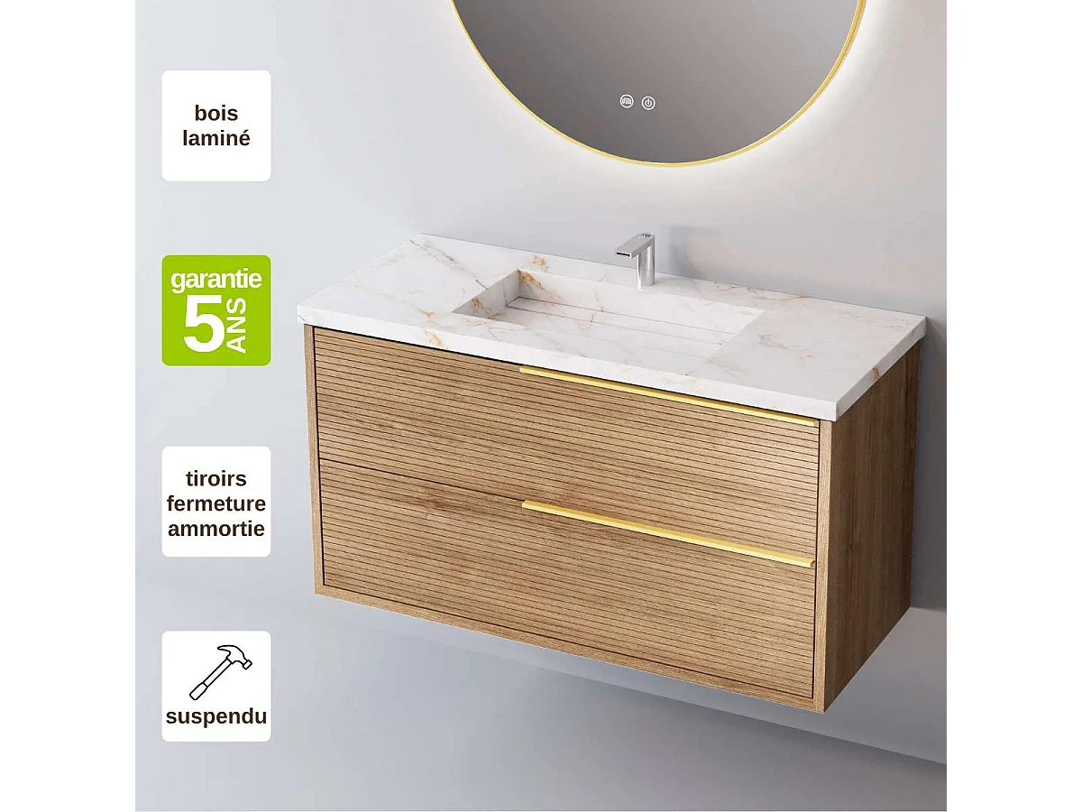 Meuble Salle de Bain LISTELLO 100cm, Plan Vasque Grès Cérame, 2 Tiroirs Impression 3D Poignée Or, Finition Chêne Naturel, H 54cm x P 45cm