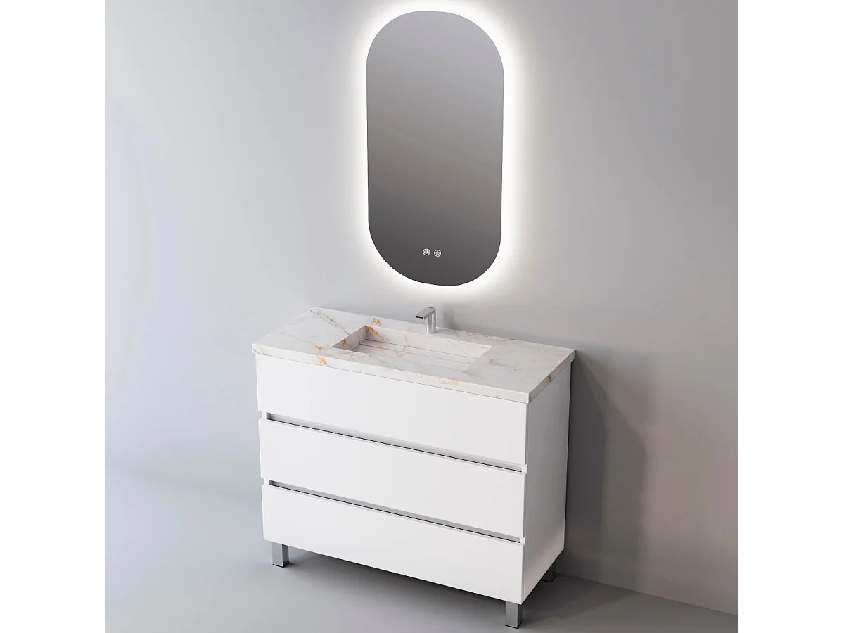 Meuble Salle de Bain ATRANI (61 cm x H90 x P45 cm), Plan Vasque Grès Cérame BS, 3 Tiroirs, Blanc Brillant