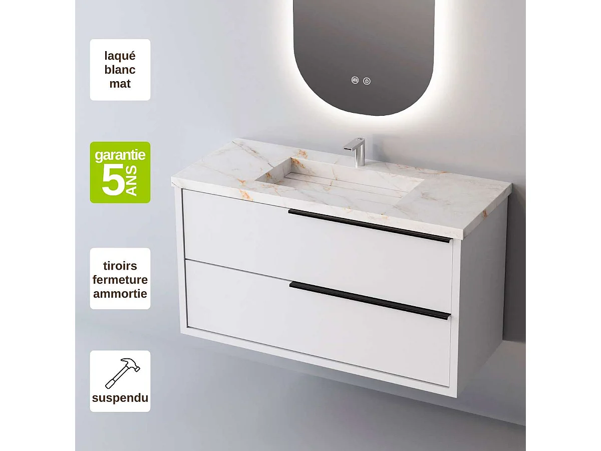 Meuble Salle de Bain LIKE 100cm, Plan Vasque Grès Cérame, 2 Tiroirs Poignée Noir, Laqué Blanc Mat, H 54cm x P 45cm