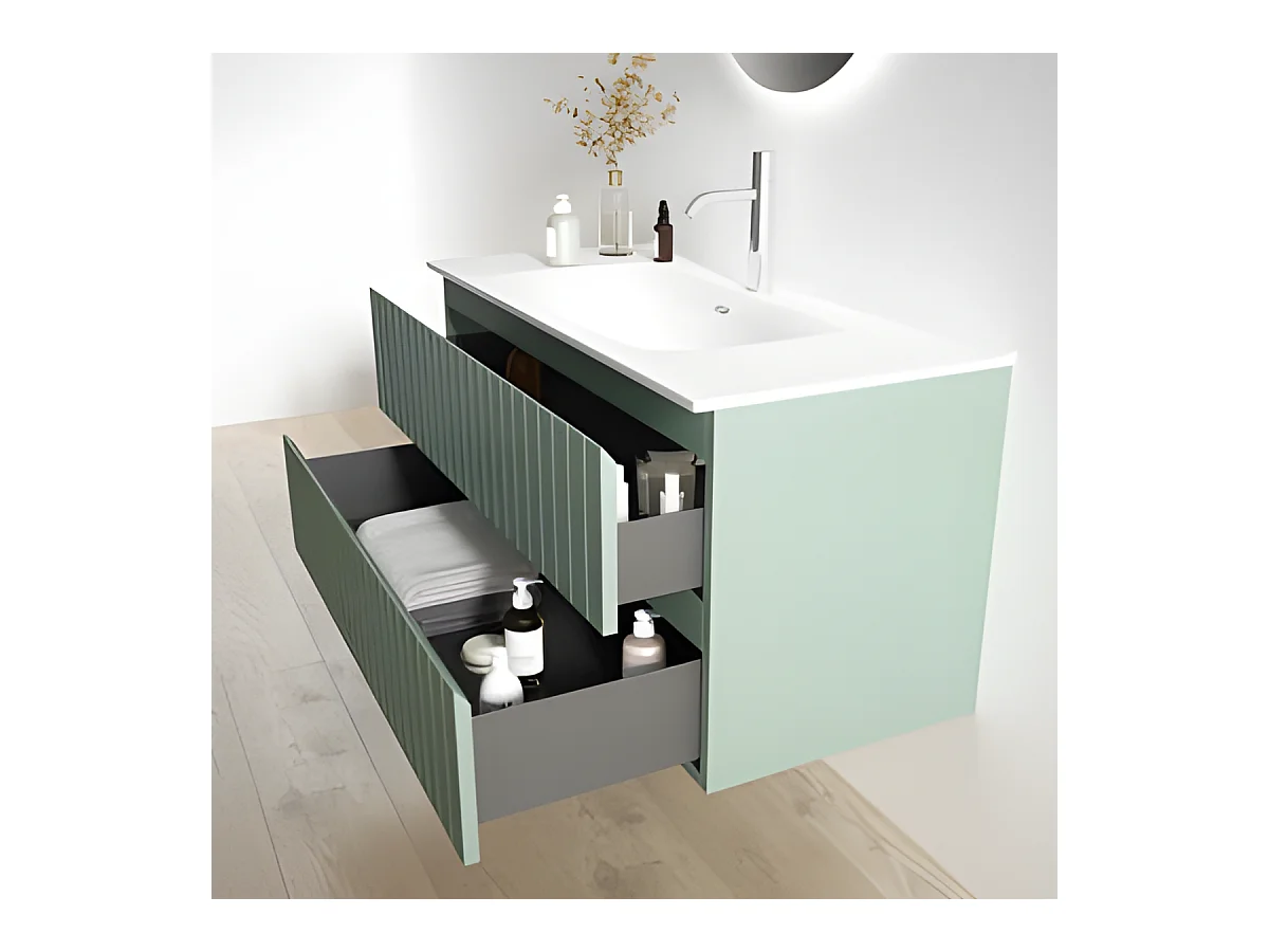 Meuble Salle de Bain GLOW (101 cm x H54 x P45 cm), Plan Vasque Solide Surface, 2 Tiroirs, Laqué Bleu Cobalt Mat