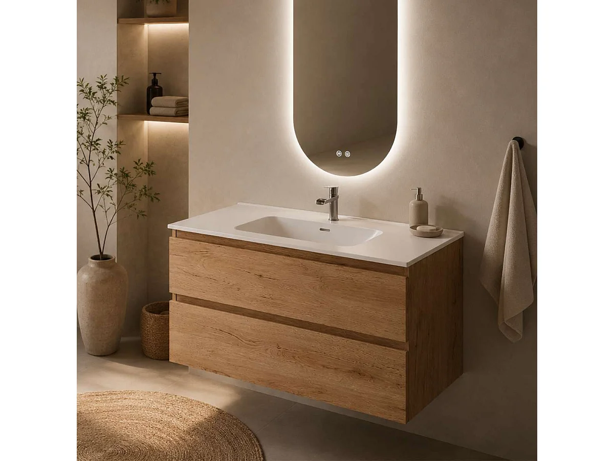 Meuble Salle de Bain STEP 80cm, Plan Vasque Grès Cérame, 2 Tiroirs, Finition Chêne Clair, H 54cm x P 45cm