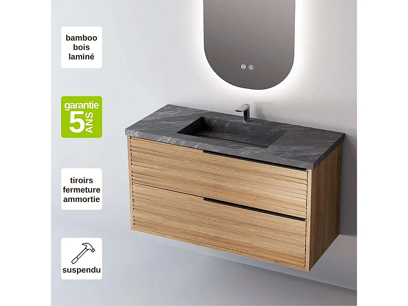 Meuble Salle de Bain BAMBOO (61 cm x H54 x P45 cm), Plan Vasque Grès Cérame NA, 2 Tiroirs Poignée Noir, Chêne Naturel