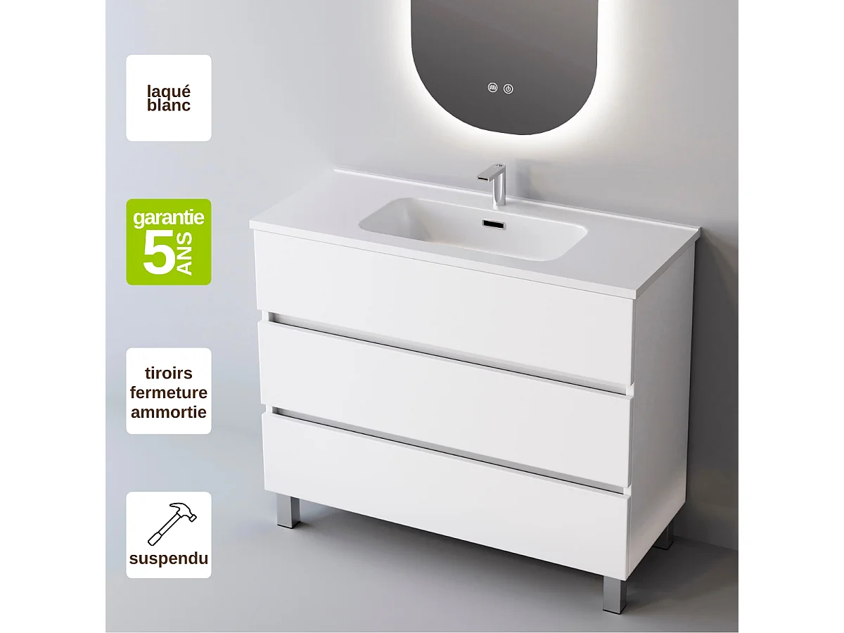 Meuble Salle de Bain ATRANI (61 cm x H90 x P45 cm), Plan Vasque Céramique WB, 3 Tiroirs, Blanc Brillant