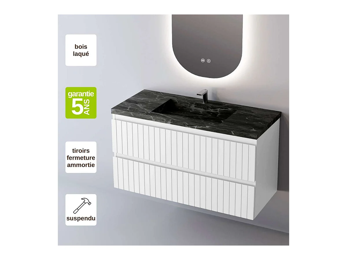 Meuble Salle de Bain GLOW (61 cm x H54 x P45 cm), Plan Vasque Grès Cérame NA, 2 Tiroirs, Laqué Blanc Mat