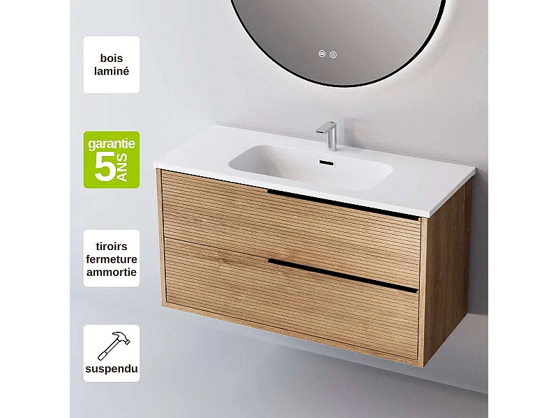 Meuble Salle de Bain LISTELLO (101 cm x H54 x P45 cm), Plan Vasque Céramique WB, 2 Tiroirs Impression 3D Poignée Noir, Chêne Naturel
