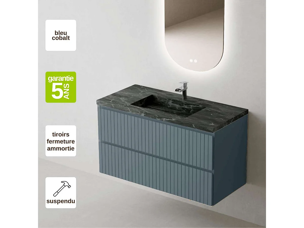 Meuble Salle de Bain GLOW 80cm, Plan Vasque Grès Cérame, 2 Tiroirs, Laqué Bleu Cobalt, H 54cm x P 45cm
