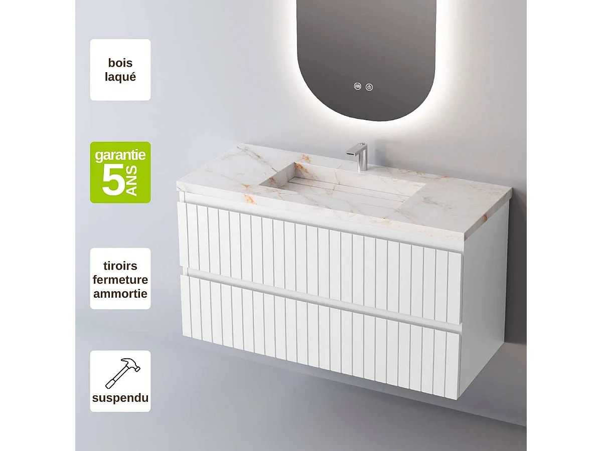 Meuble Salle de Bain GLOW (61 cm x H54 x P45 cm), Plan Vasque Grès Cérame BS, 2 Tiroirs, Laqué Blanc Mat