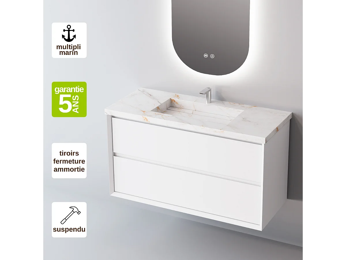 Meuble Salle de Bain COOL  (81 cm x H54 x P45 cm), Plan Vasque Grès Cérame BS, 2 Tiroirs, Laqué Blanc Mat/Noyer