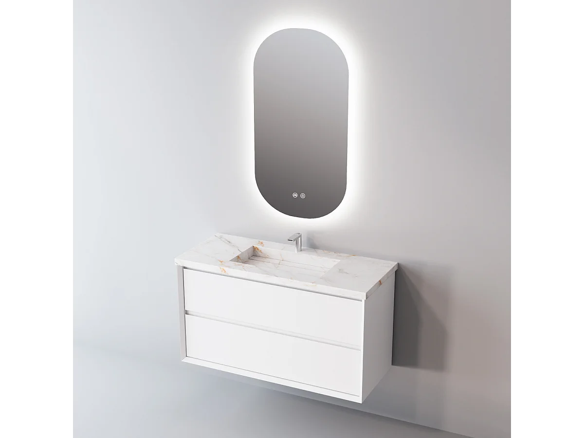 Meuble Salle de Bain COOL  (81 cm x H54 x P45 cm), Plan Vasque Grès Cérame BS, 2 Tiroirs, Laqué Blanc Mat/Noyer