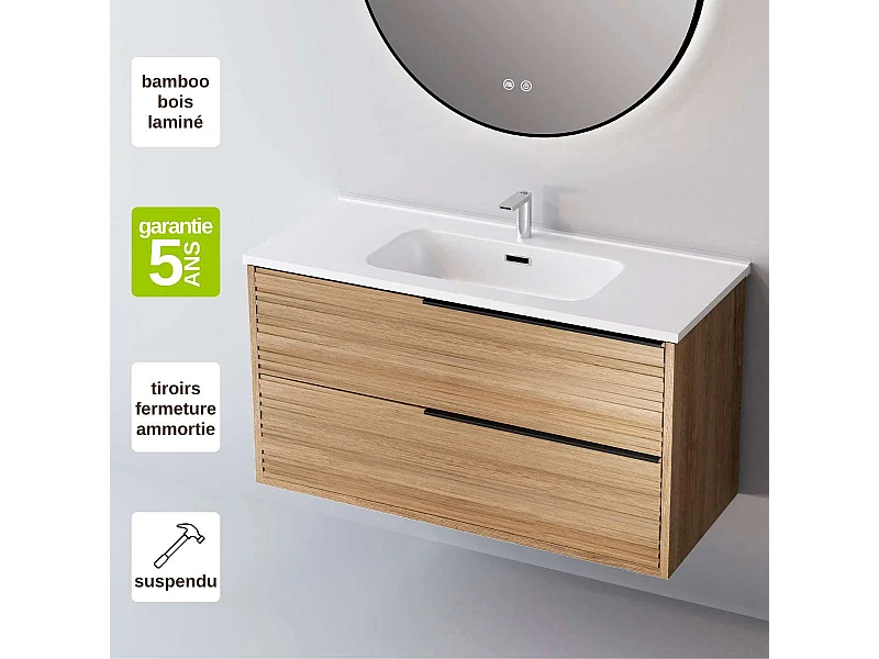Meuble Salle de Bain BAMBOO (101 cm x H54 x P45 cm), Plan Vasque Solide Surface, 2 Tiroirs Poignée Noir, Chêne Naturel