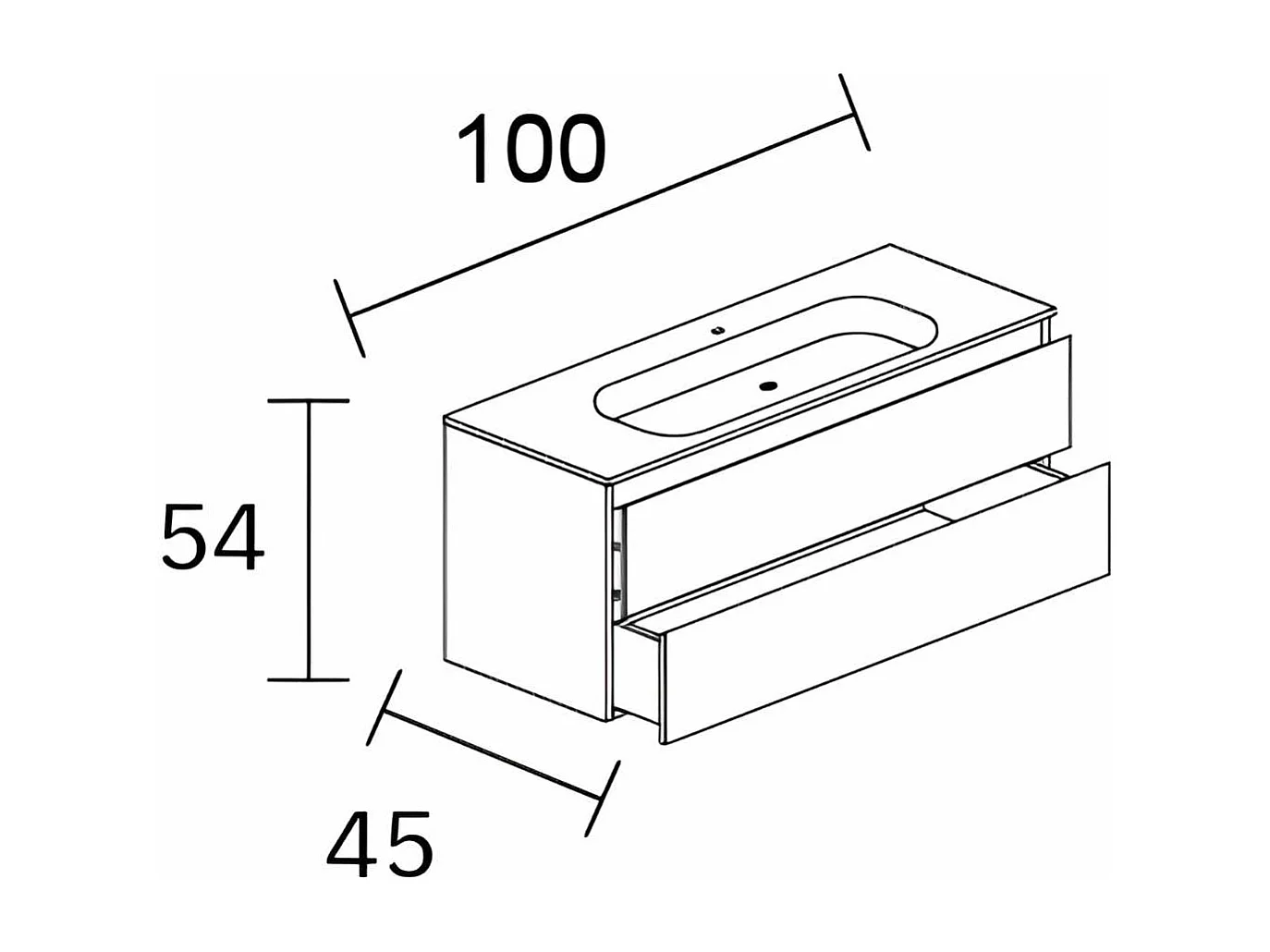 Meuble Salle de Bain BAMBOO (101 cm x H54 x P45 cm), Plan Vasque Solide Surface, 2 Tiroirs Poignée Noir, Chêne Naturel