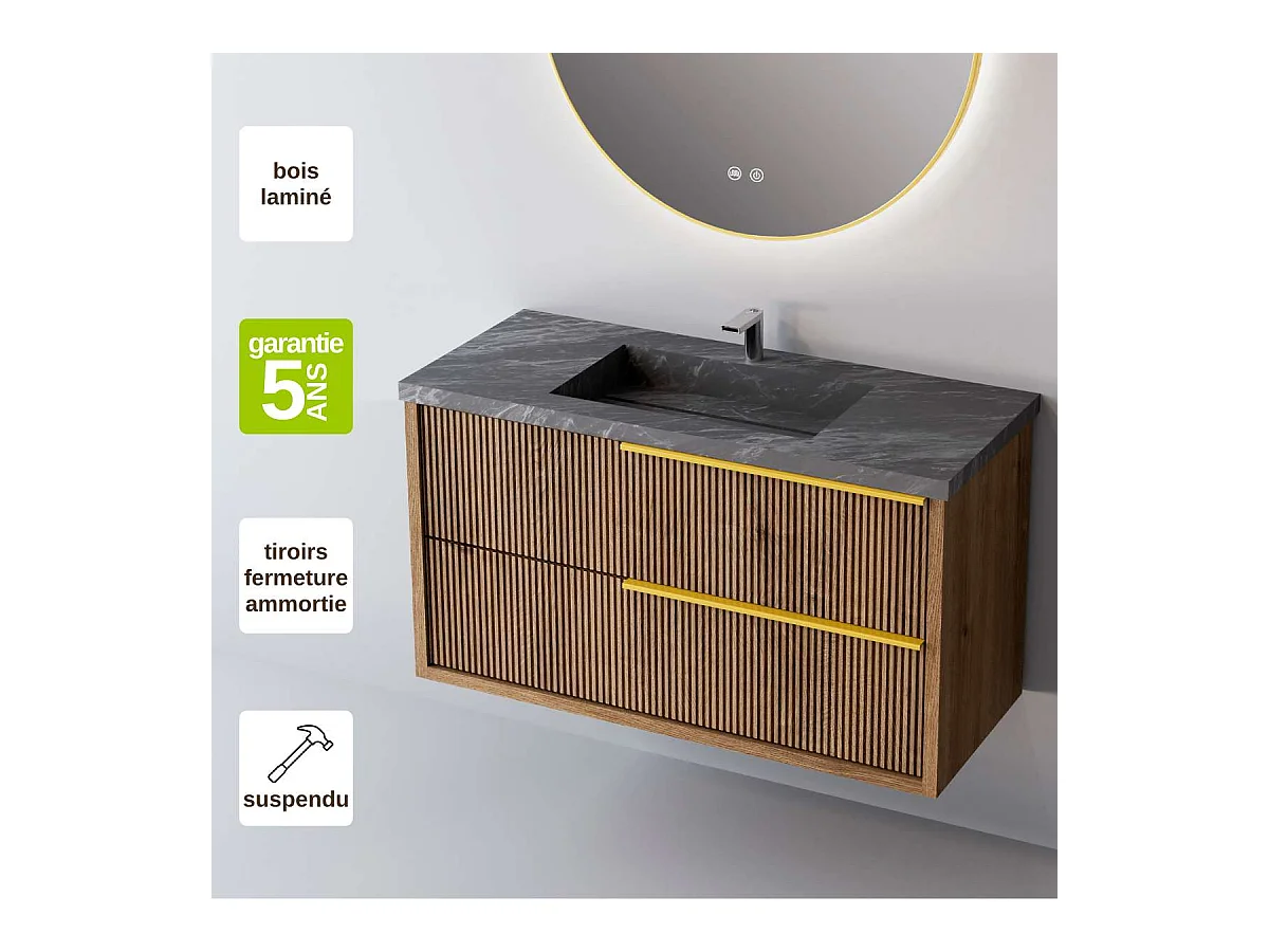 Meuble Salle de Bain TREND (101 cm x H54 x P45 cm), Plan Vasque Grès Cérame NA, 2 Tiroirs Impression 3D Poignée Or, Chêne Foncé