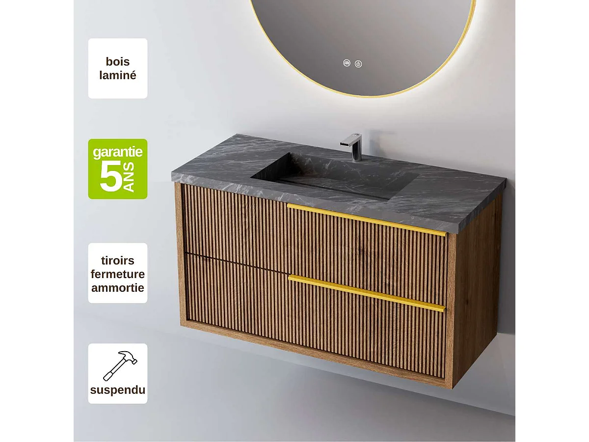 Meuble Salle de Bain TREND 100cm, Plan Vasque Grès Cérame, 2 Tiroirs Impression 3D Poignée Or, Finition Chêne Foncé, H 54cm x P 45cm