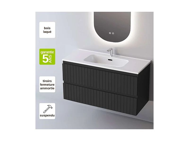 Meuble Salle de Bain GLOW (61 cm x H54 x P45 cm), Plan Vasque Solide Surface, 2 Tiroirs, Laqué Noir Mat