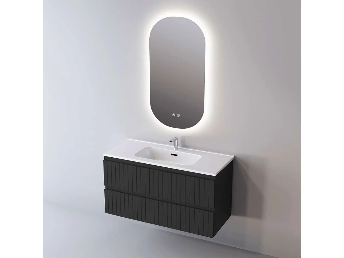 Meuble Salle de Bain GLOW (61 cm x H54 x P45 cm), Plan Vasque Solide Surface, 2 Tiroirs, Laqué Noir Mat