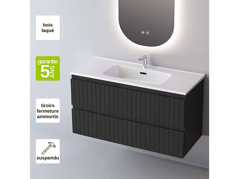 Meuble Salle de Bain GLOW (61 cm x H54 x P45 cm), Plan Vasque Solide Surface, 2 Tiroirs, Laqué Noir Mat