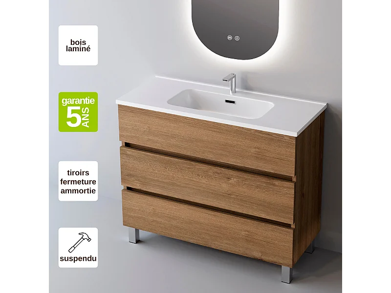 Meuble Salle de Bain ATRANI (101 cm x H90 x P45 cm), Plan Vasque Céramique WB, 3 Tiroirs, Chêne Naturel