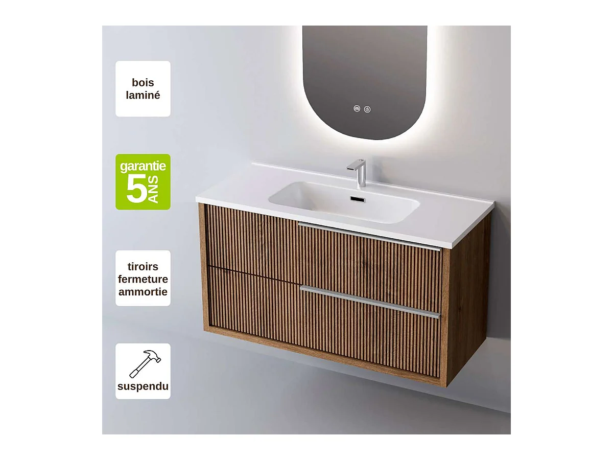Meuble Salle de Bain TREND (101 cm x H54 x P45 cm), Plan Vasque Solide Surface, 2 Tiroirs Impression 3D Poignée Inox Satiné, Chêne Foncé