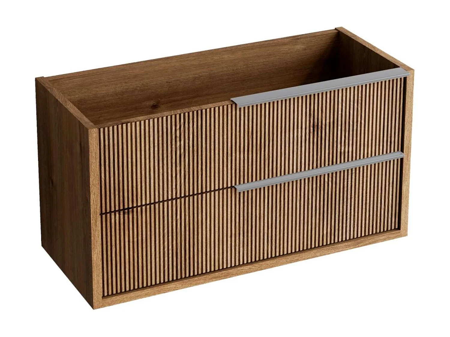 Meuble Salle de Bain TREND 100cm, Plan Vasque Solid Surface, 2 Tiroirs Impression 3D Poignée Inox Satiné, Finition Chêne Foncé, H 54cm x P 45cm