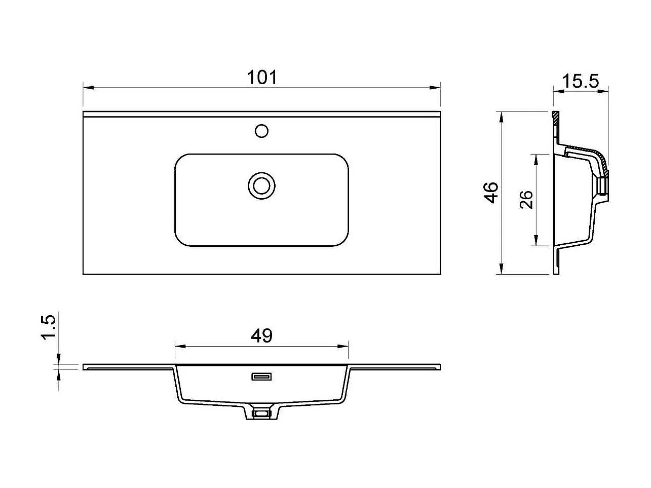 Meuble Salle de Bain TREND 100cm, Plan Vasque Solid Surface, 2 Tiroirs Impression 3D Poignée Inox Satiné, Finition Chêne Foncé, H 54cm x P 45cm