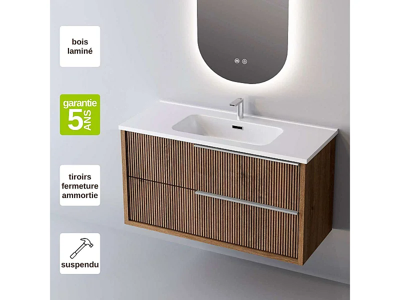 Meuble Salle de Bain TREND (101 cm x H54 x P45 cm), Plan Vasque Solide Surface, 2 Tiroirs Impression 3D Poignée Inox Satiné, Chêne Foncé