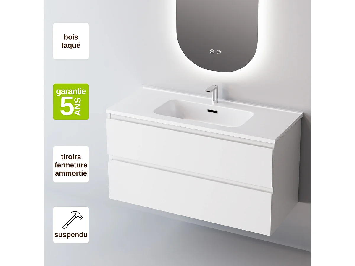Meuble Salle de Bain STEP 100cm, Plan Vasque Céramique, 2 Tiroirs, Laqué Blanc Mat, H 54cm x P 45cm