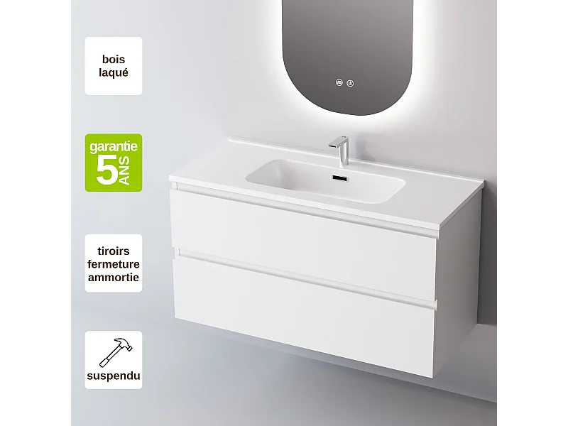 Meuble Salle de Bain STEP (101 cm x H54 x P45 cm), Plan Vasque Céramique WB, 2 Tiroirs, Laqué Blanc Mat