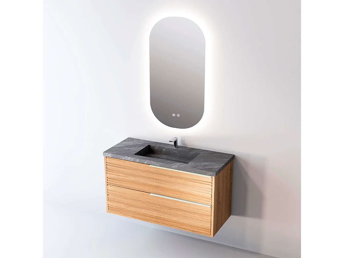 Meuble Salle de Bain BAMBOO (81 cm x H54 x P45 cm), Plan Vasque Grès Cérame NA, 2 Tiroirs Poignée Inox Satiné, Chêne Naturel