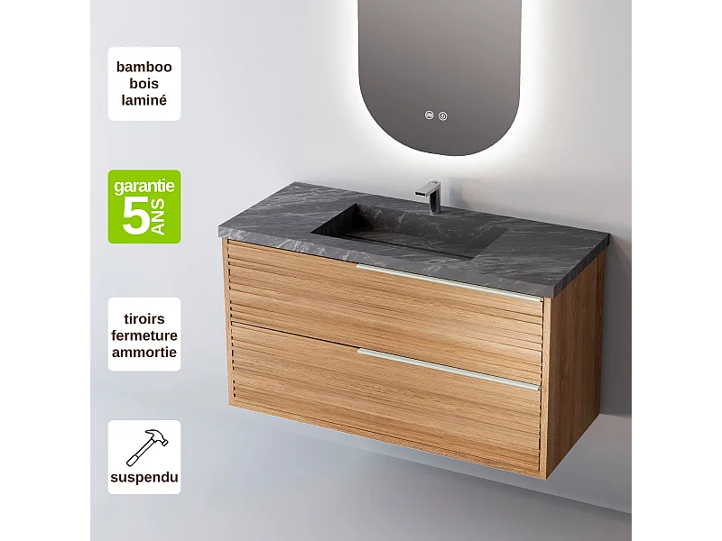 Meuble Salle de Bain BAMBOO (81 cm x H54 x P45 cm), Plan Vasque Grès Cérame NA, 2 Tiroirs Poignée Inox Satiné, Chêne Naturel