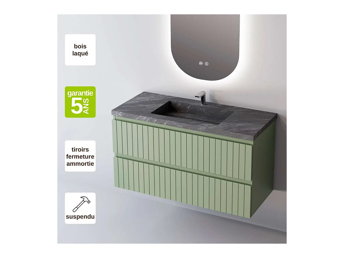 Meuble Salle de Bain GLOW (61 cm x H54 x P45 cm), Plan Vasque Grès Cérame NA, 2 Tiroirs, Laqué Vert Mint Mat