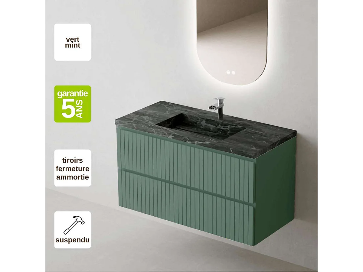 Meuble Salle de Bain GLOW 60cm - Plan Vasque Grès Cérame, 2 Tiroirs, Laqué Vert Mint, H 54cm x P 45cm