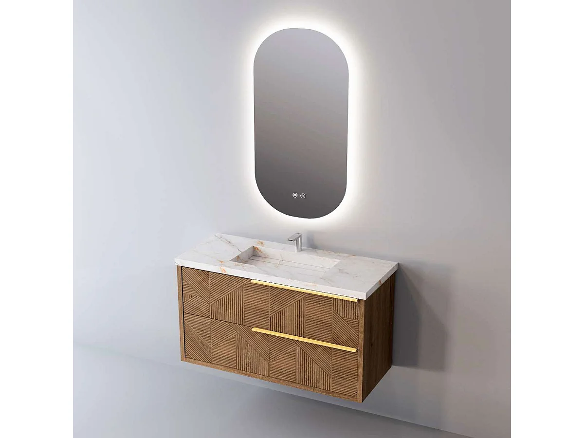 Meuble Salle de Bain REEL 60cm, Plan Vasque Grès Cérame, 2 Tiroirs Impression 3D Poignée Or, Finition Chêne Moyen, H 54cm x P 45cm