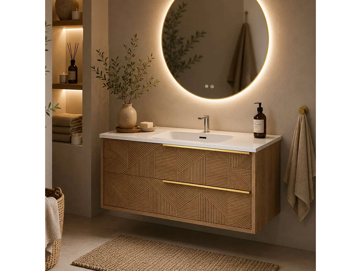 Meuble Salle de Bain REEL 60cm, Plan Vasque Grès Cérame, 2 Tiroirs Impression 3D Poignée Or, Finition Chêne Moyen, H 54cm x P 45cm