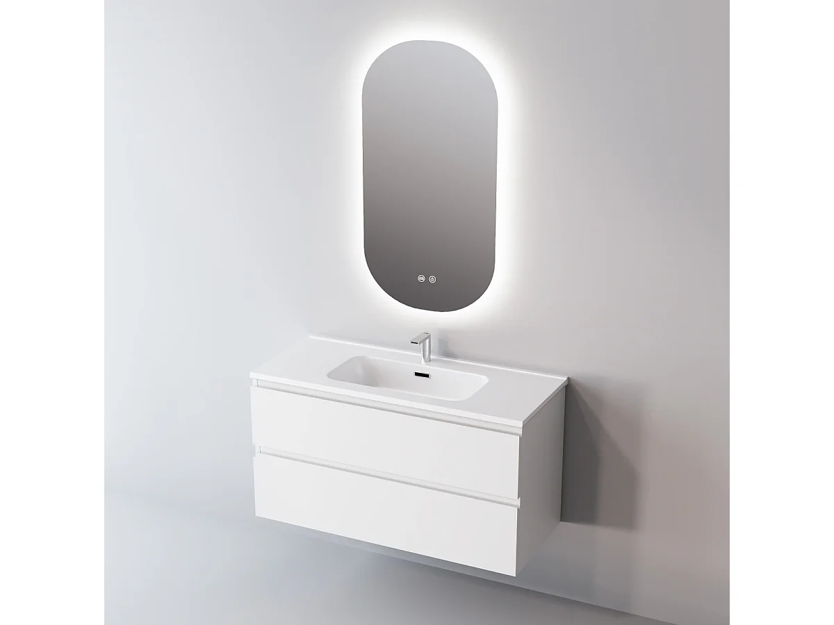 Meuble Salle de Bain STEP (81 cm x H54 x P45 cm), Plan Vasque Grès Cérame BS, 2 Tiroirs, Laqué Blanc Mat