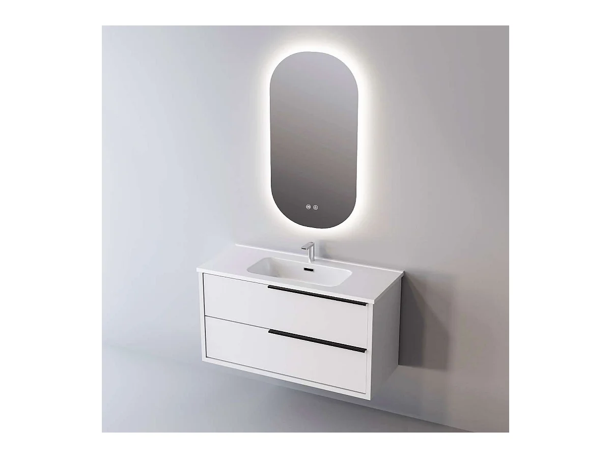 Meuble Salle de Bain LIKE (81 cm x H54 x P45 cm), Plan Vasque Solide Surface, 2 Tiroirs Poignée Noir, Laqué Blanc Mat